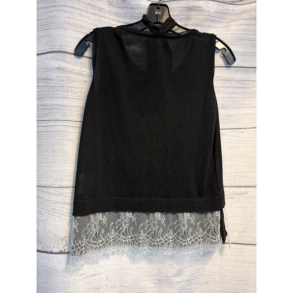 Margon Black Knit Top With Lace Hem & Button Tie Neck Size 42 - Picture 3 of 5